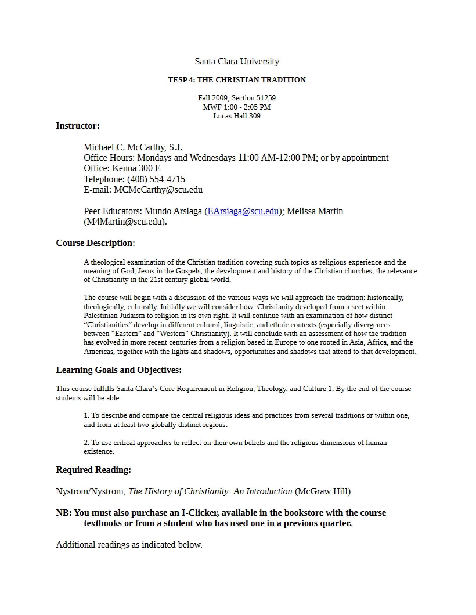 Christian Tradition Course Syllabus