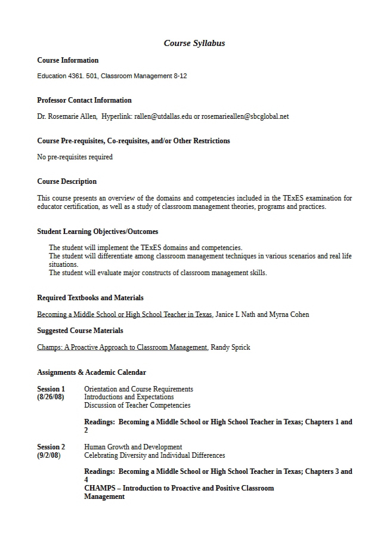 Syllabus for Secondary Classroom Management - 6 Pages