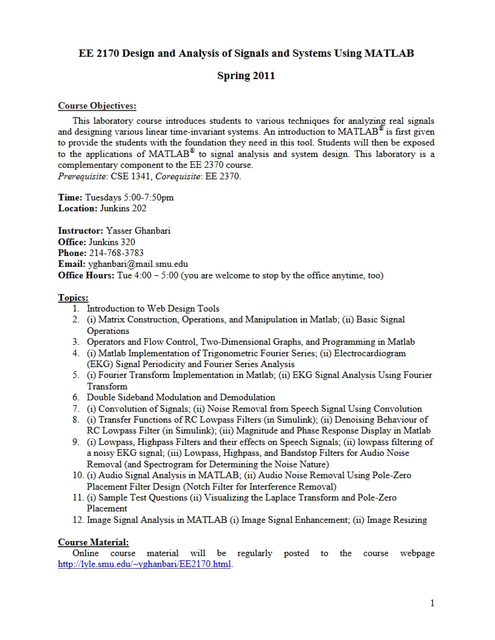Signal Analysis Lab Syllabus