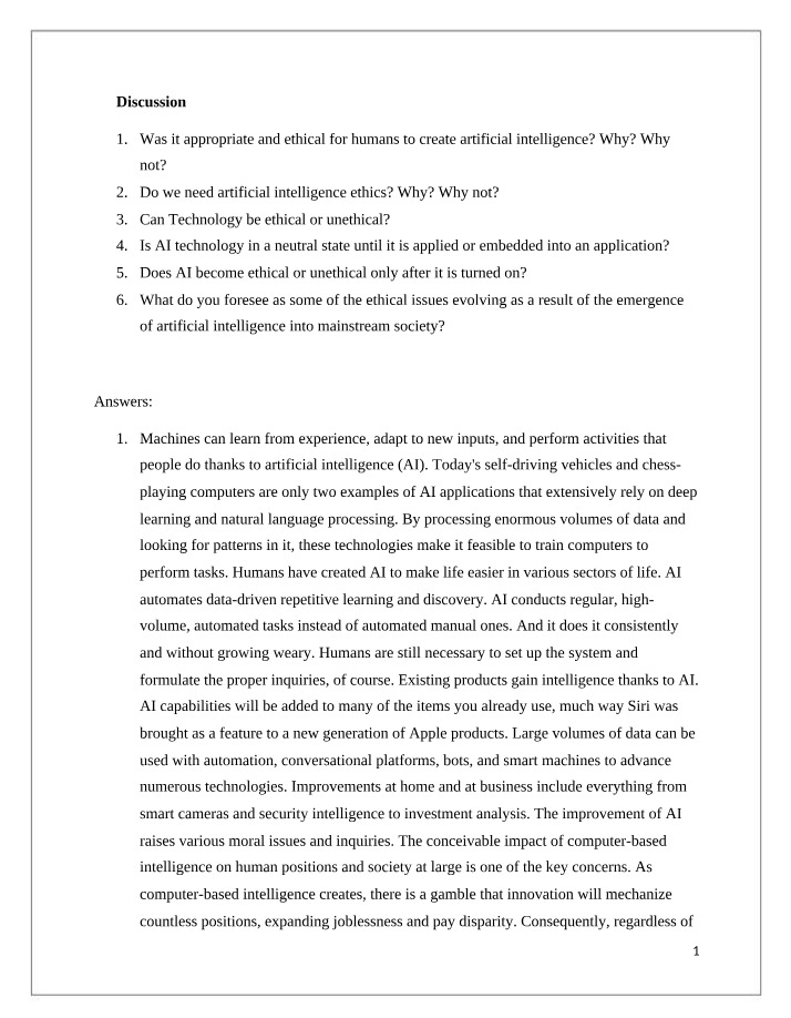 Ethics of Artificial Intelligence - Creation and Regulation