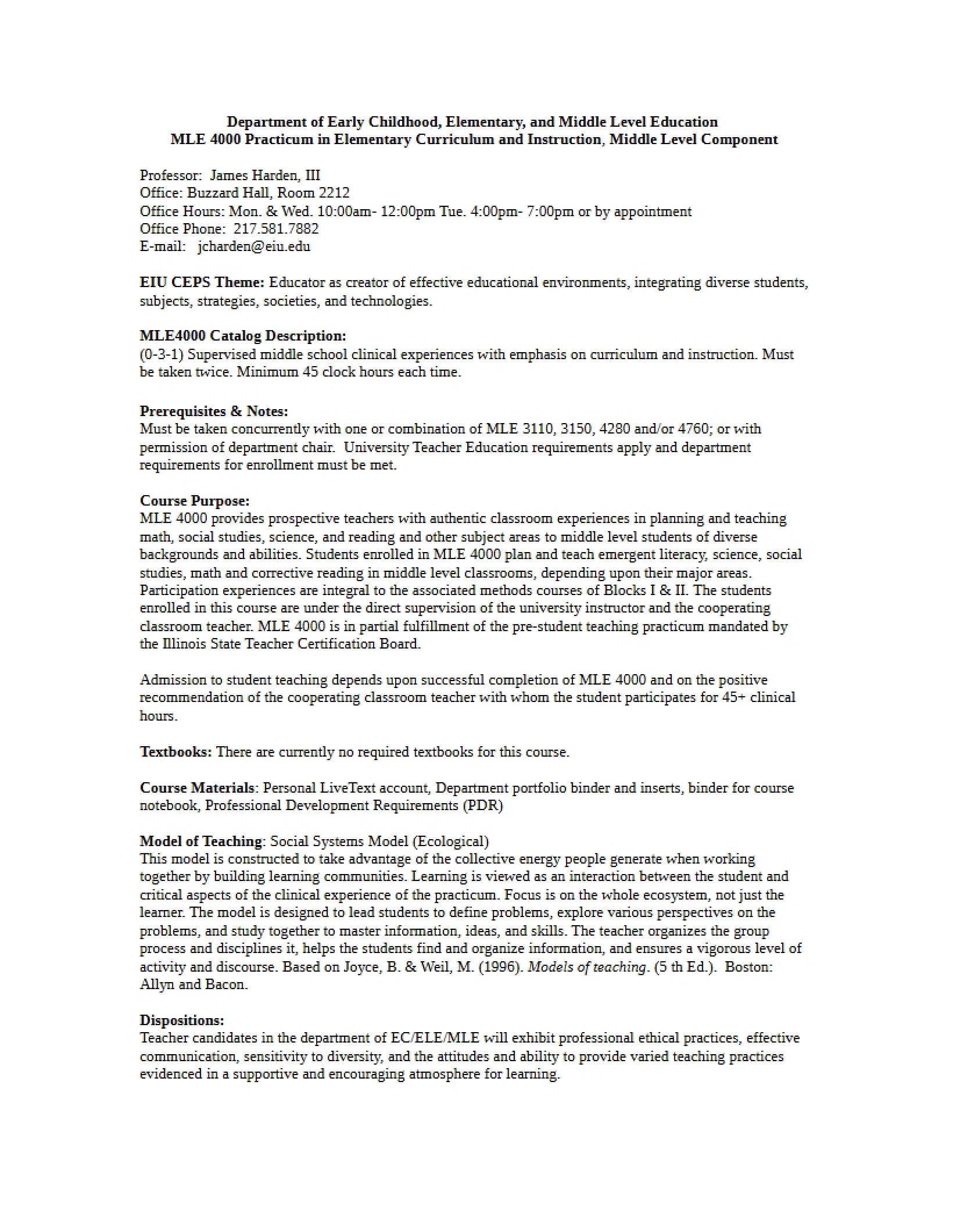 Harden Syllabus for Middle School Practicum - 9 Pages