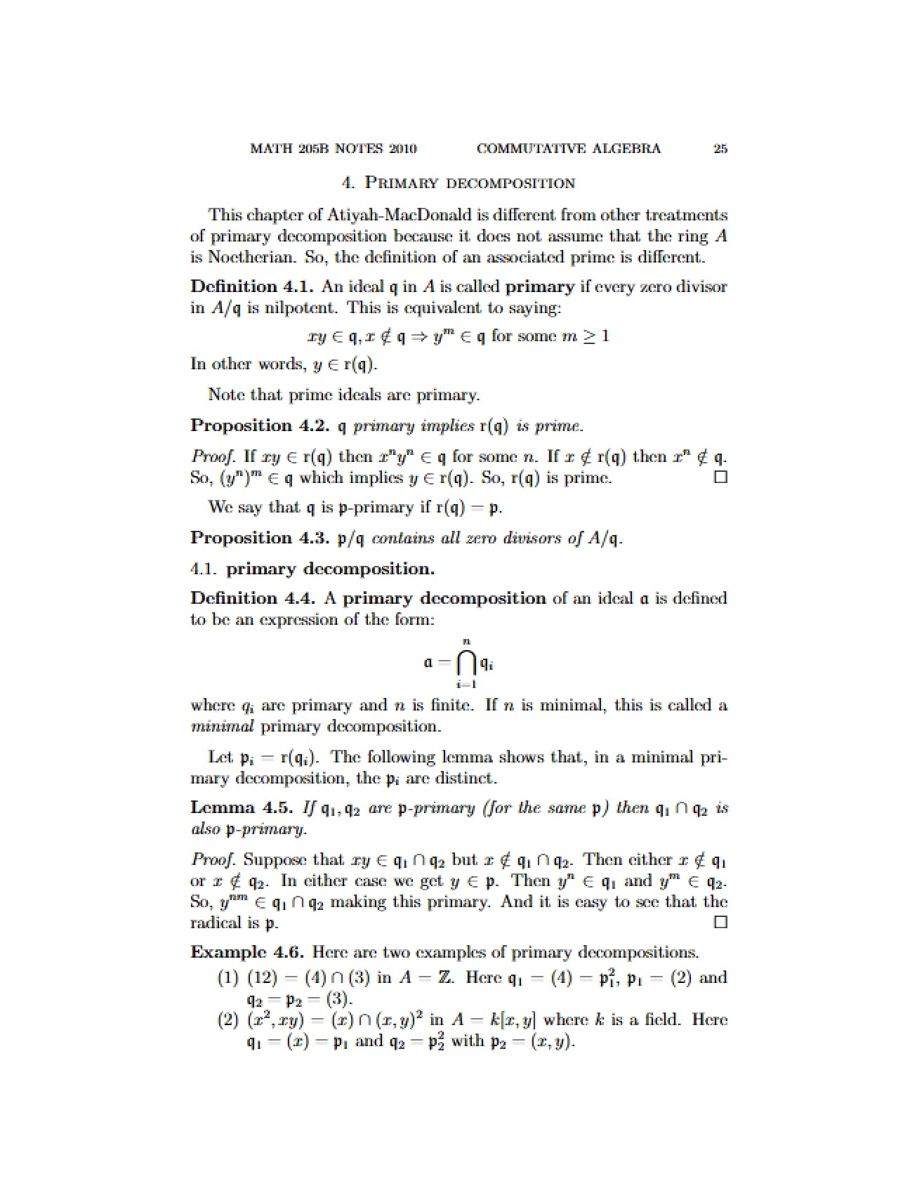 2010 Commutative Algebra Notes - Part 4