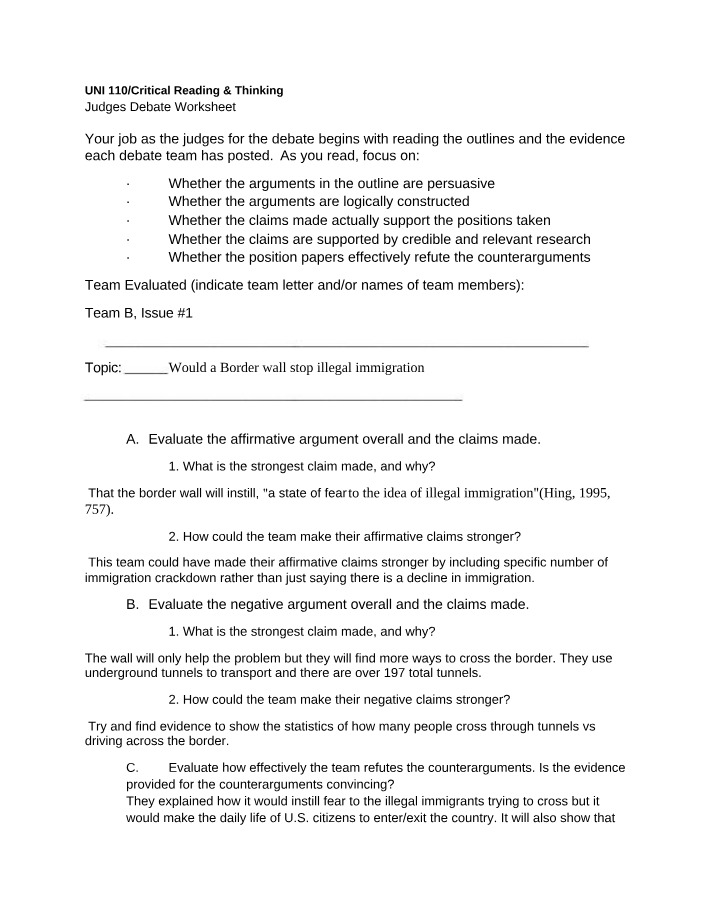 Worksheet - Evaluating Arguments for a Border Wall Debate