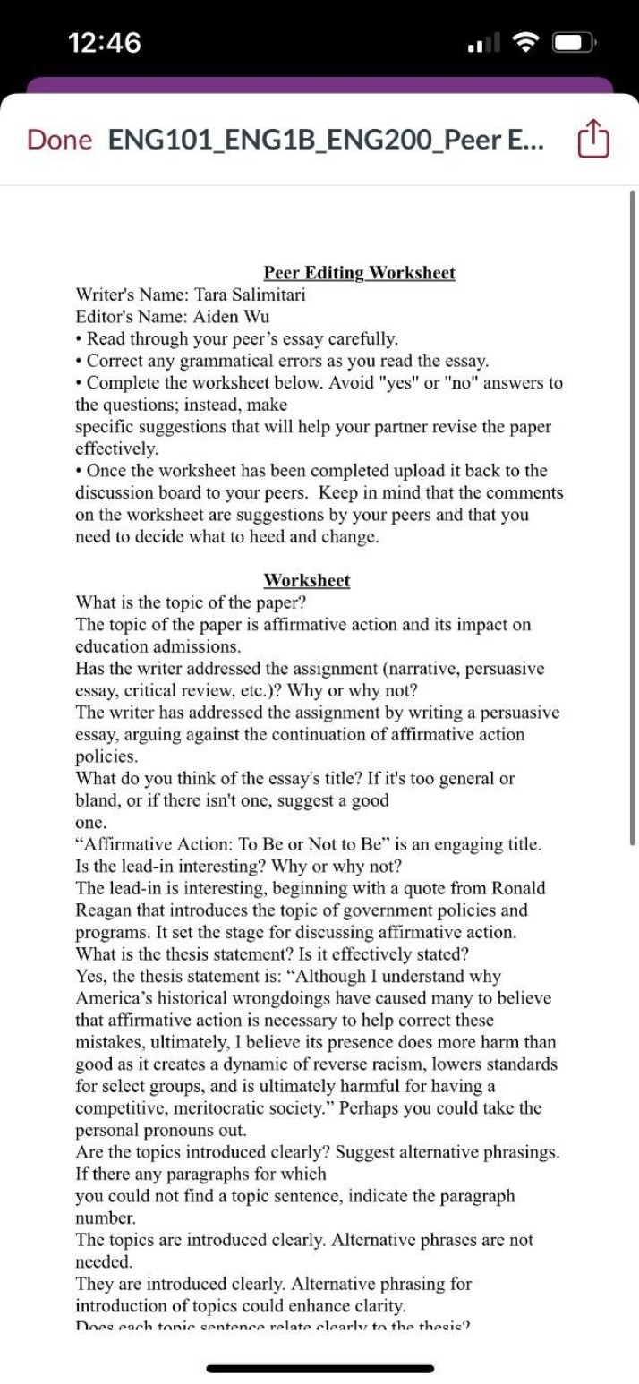 Affirmative Action Essay - Peer Editing Worksheet