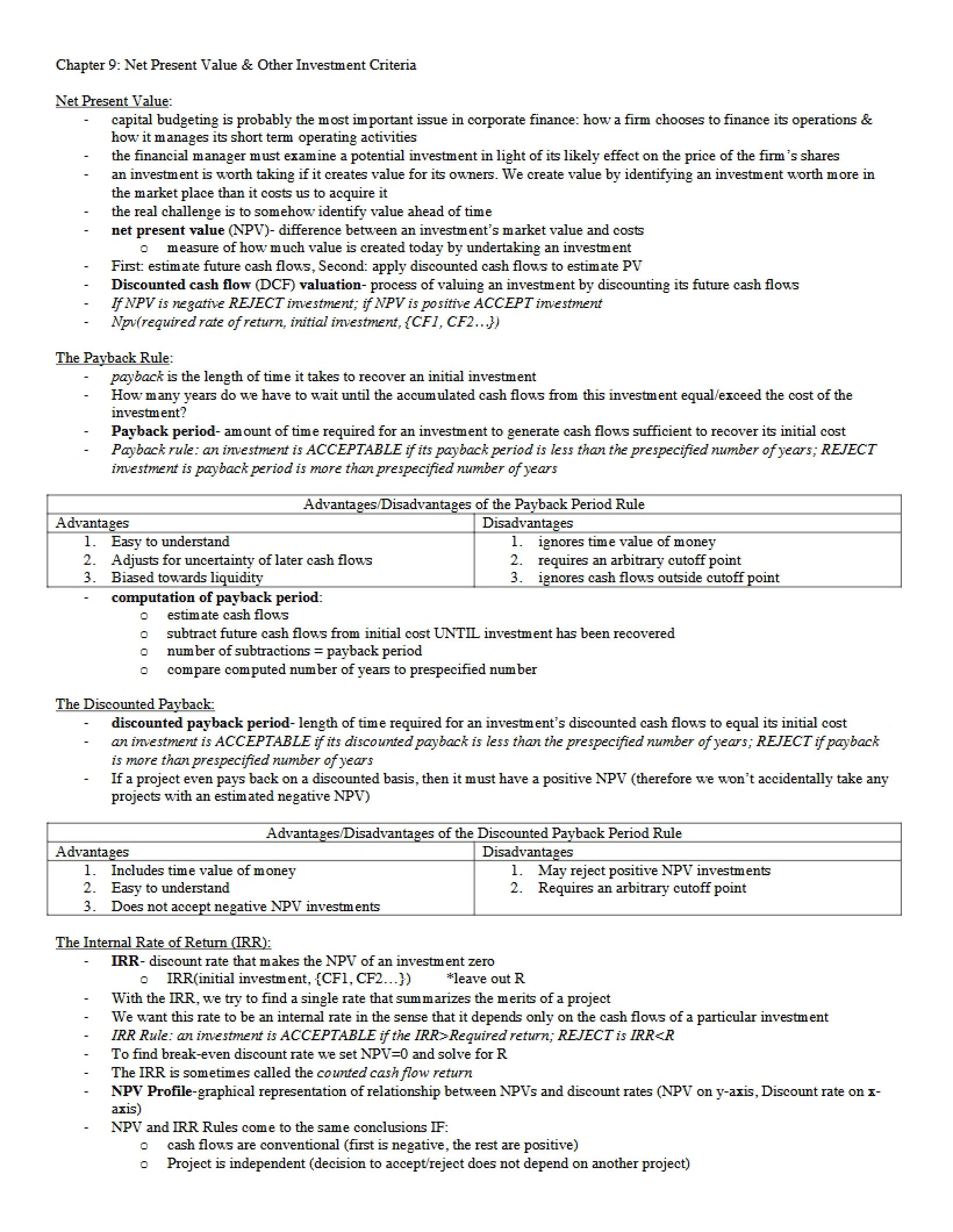 Net Present Value (Chapter 9)