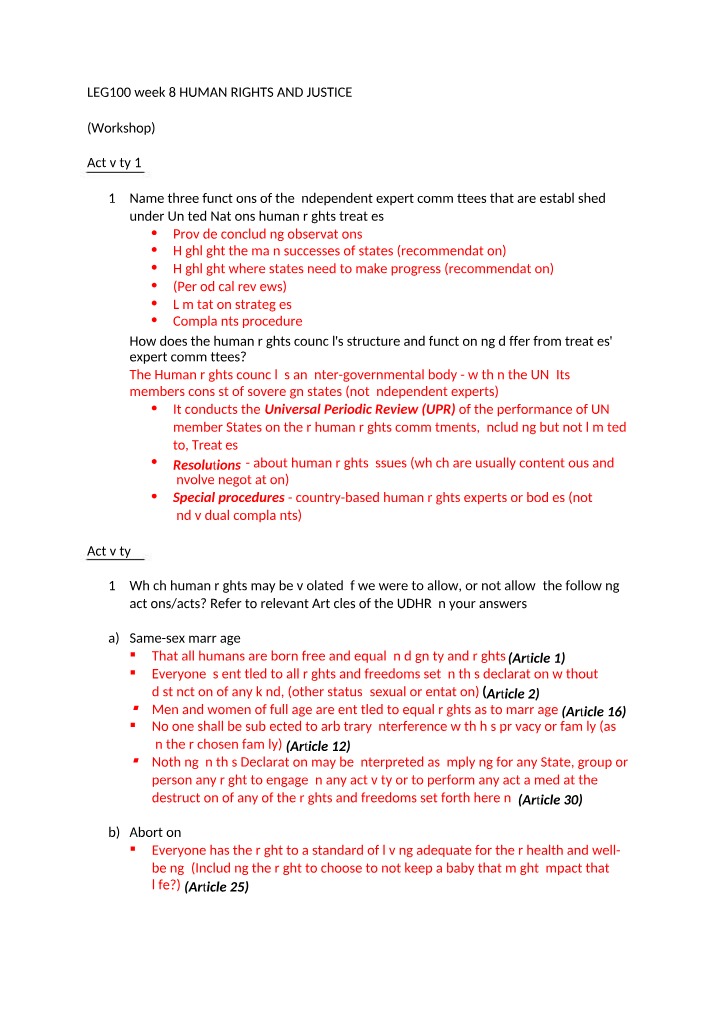Human Rights and Justice - LEG100 Week 8