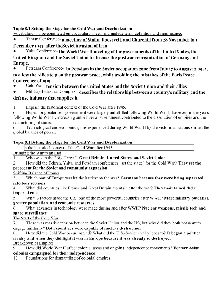 Cold War and Decolonization - Notes and Questions