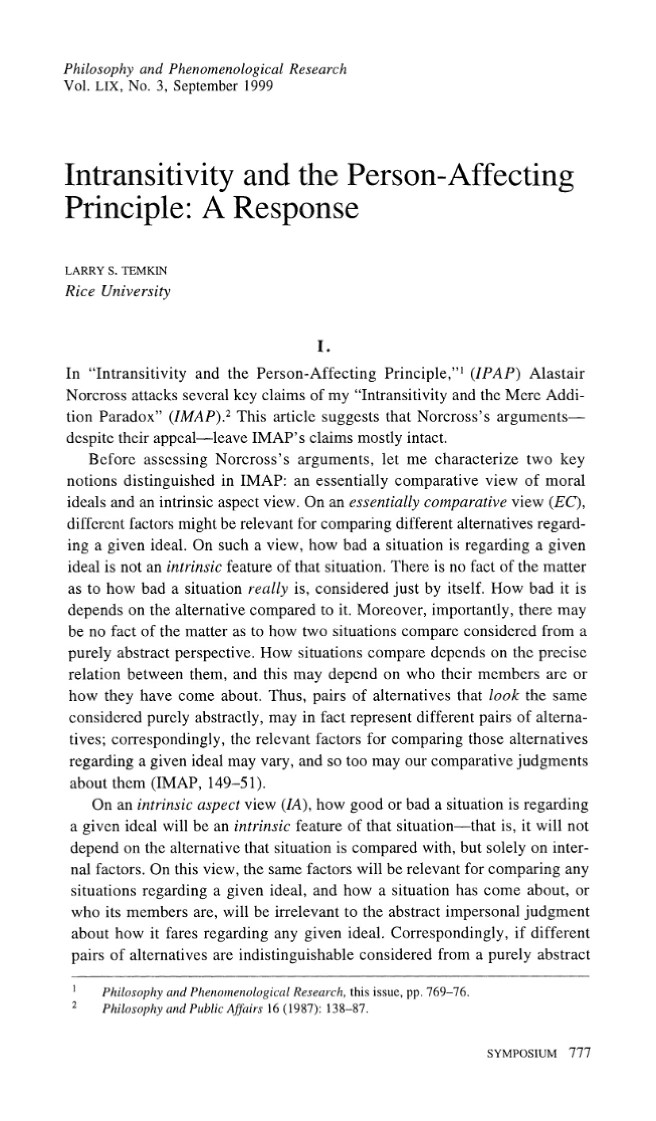 Intransitivity and the Person-Affecting Principle (First Instance)