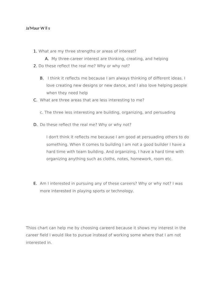 Jamaur Willis - Reflection on Strengths and Interests