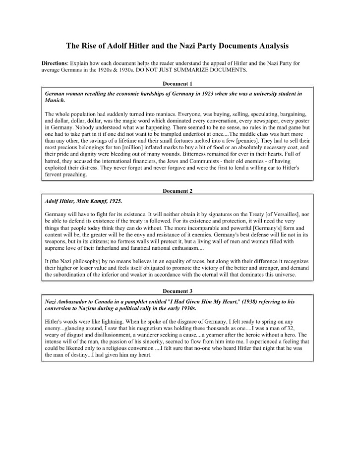 Adolf Hitler and the Nazi Party - Document Analysis