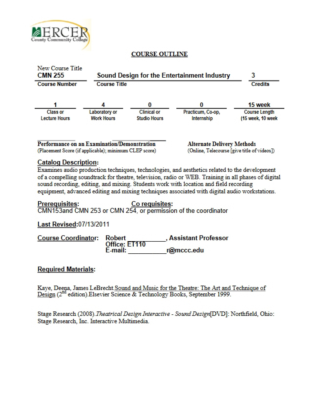 Entertainment Industry Sound Design Syllabus