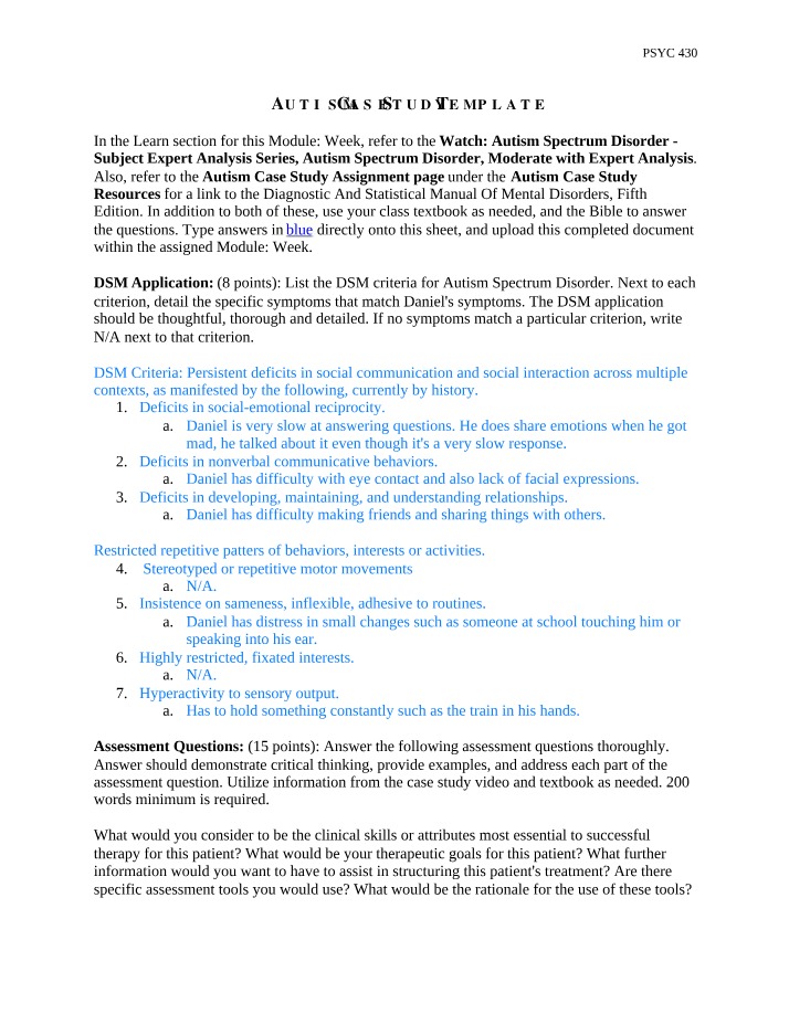 DSM Criteria and Therapeutic Goals for Autism Case Study
