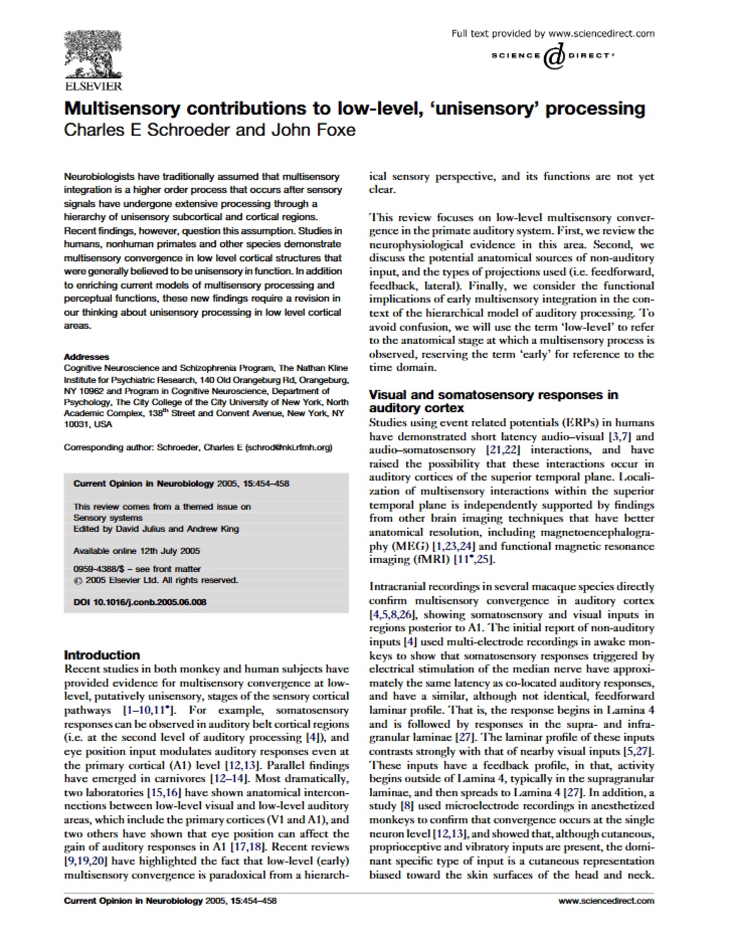 Unisensory Processing (Low-Level) and Multisensory Contributions