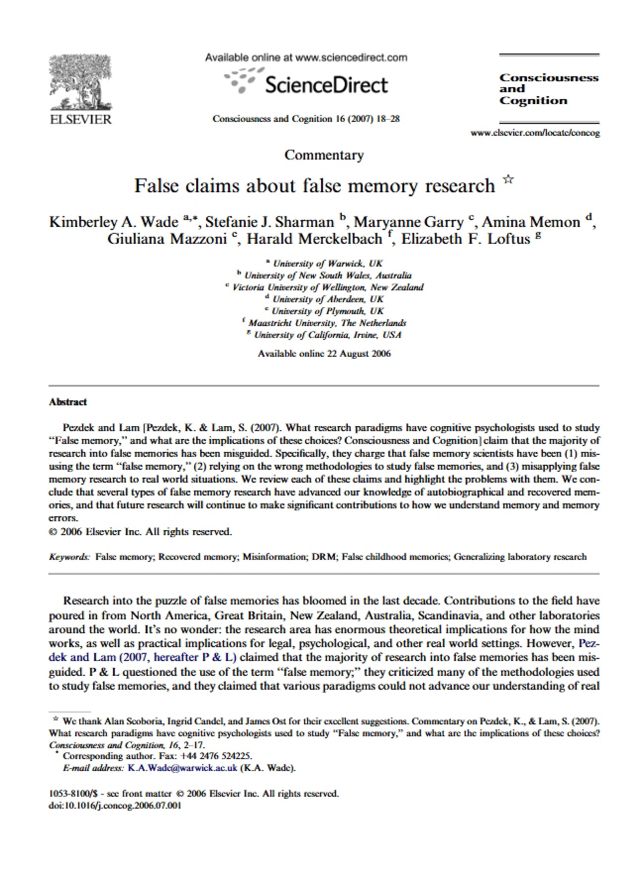 2006 False Memory Research Critique