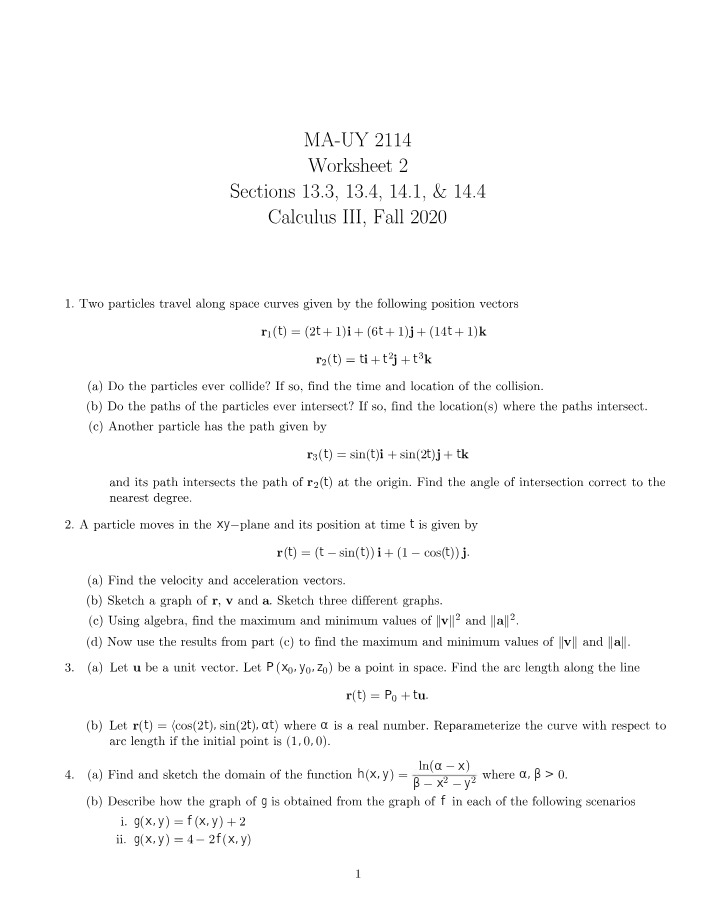Worksheet 2 for Calculus III