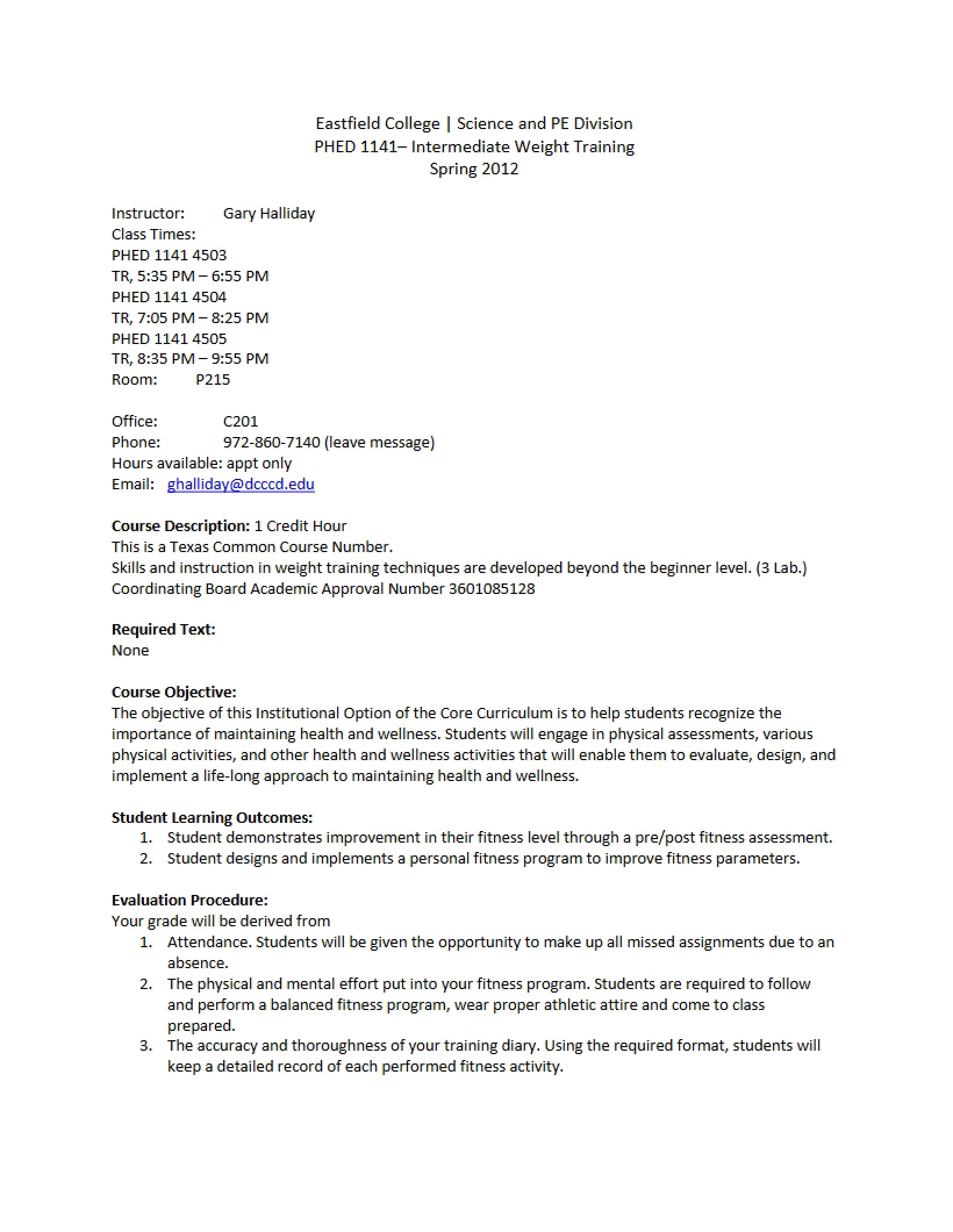 Intermediate Weight Training Syllabus - PHED 1141