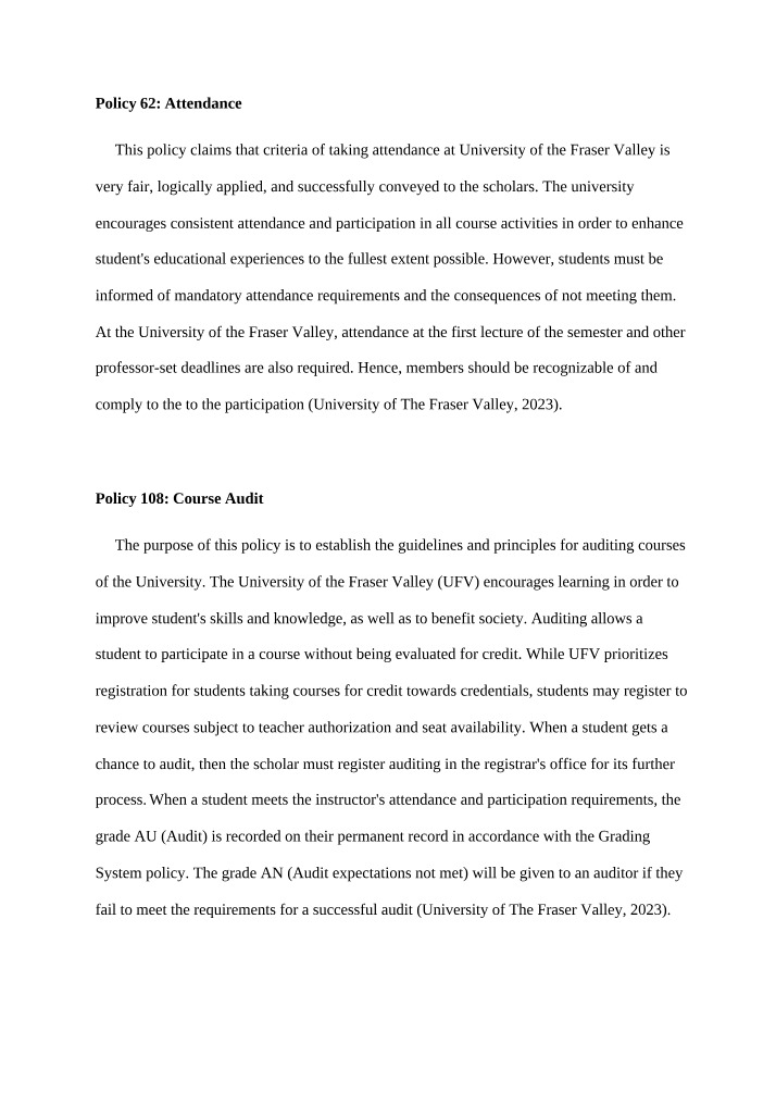 Policies of the University of the Fraser Valley