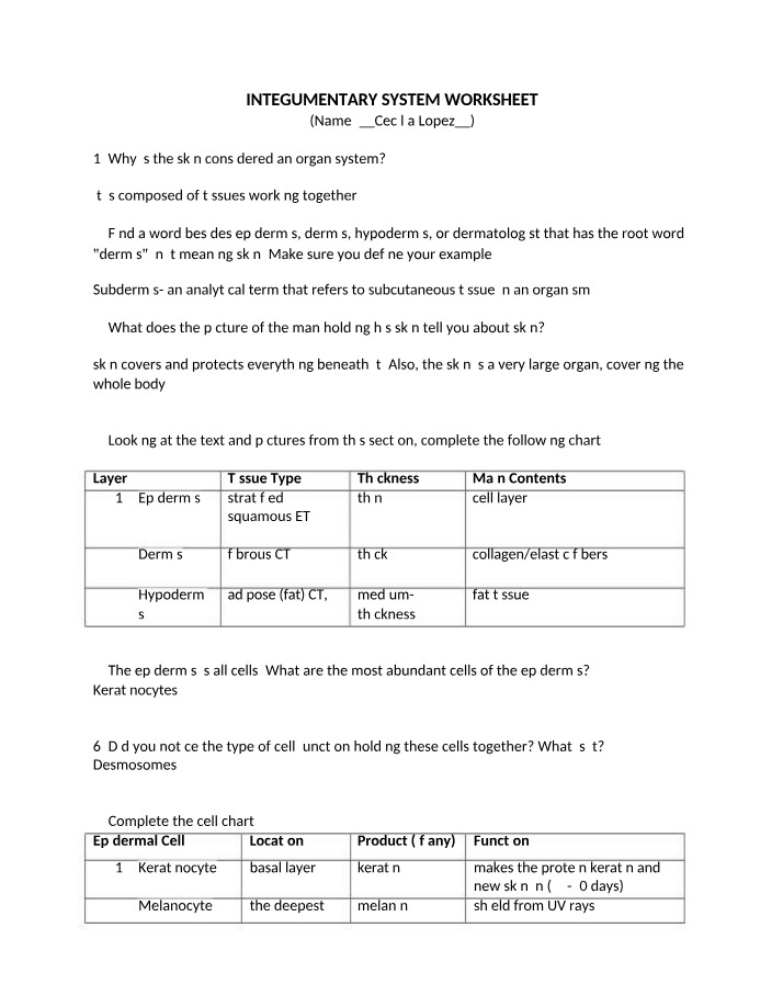 Worksheet - Integumentary System