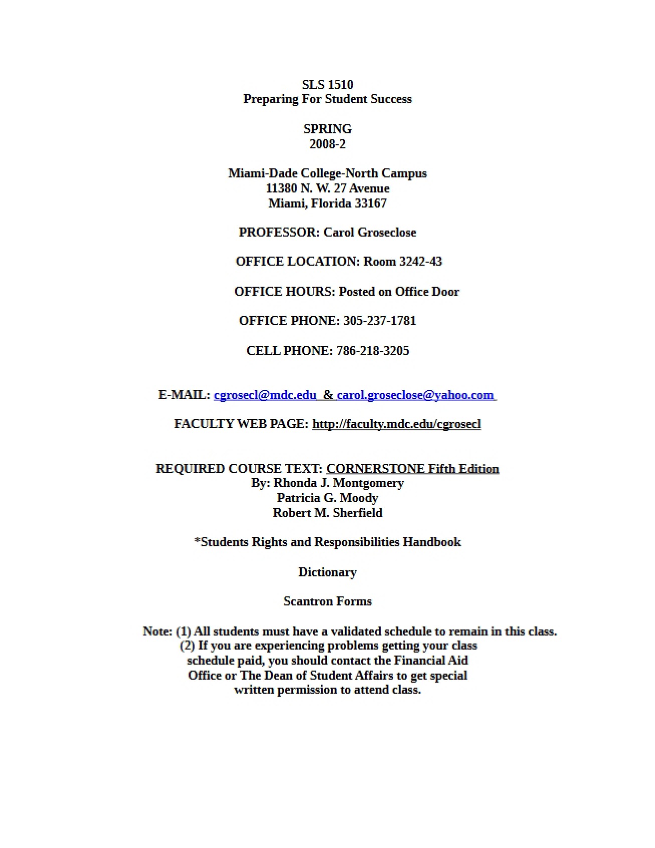 Preparing For Student Success Syllabus - 8 Pages