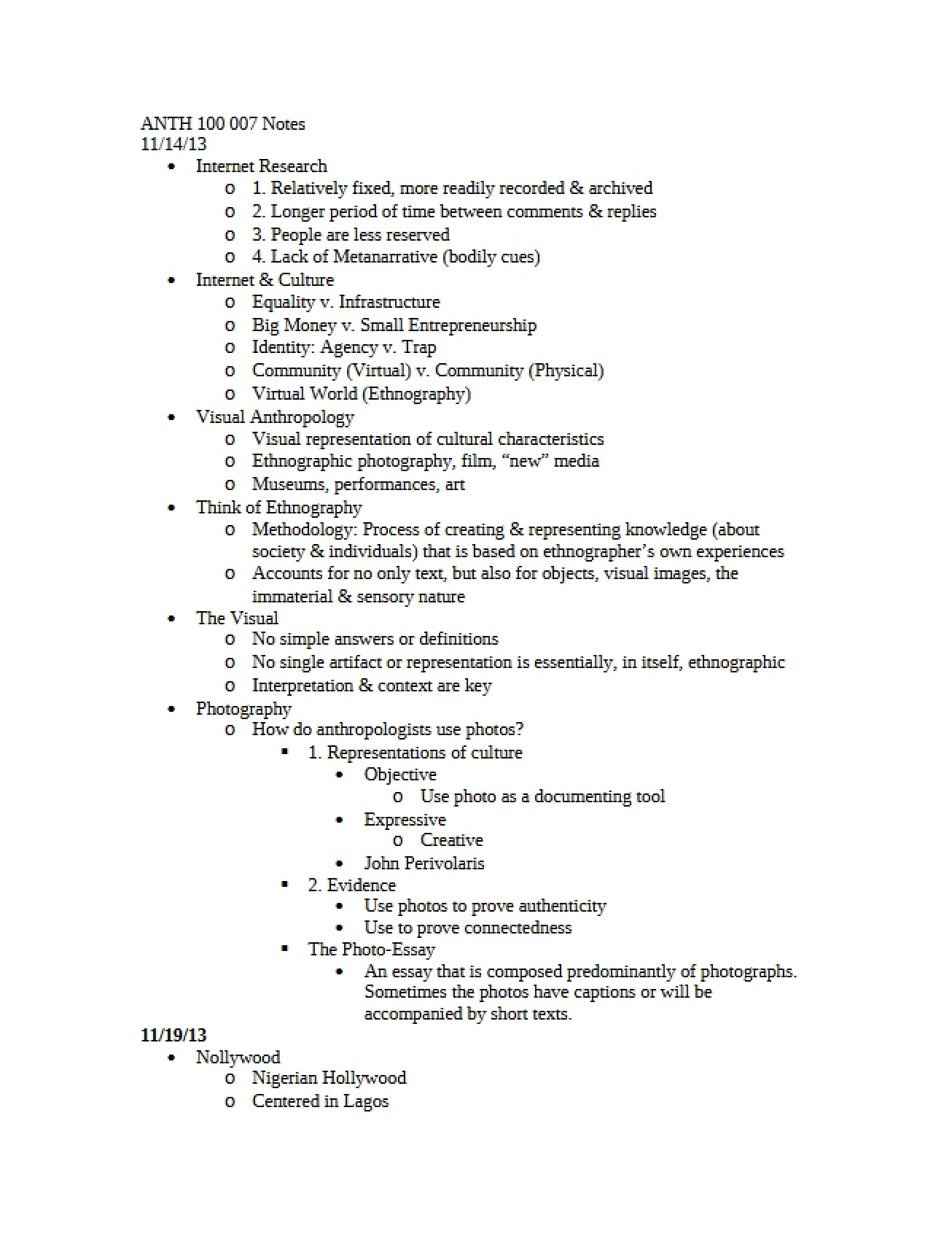 Notes on Anthropology