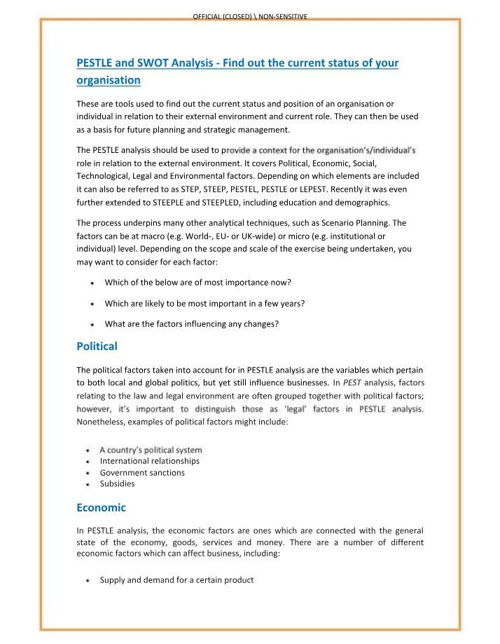 Assessing Organizational Status - PESTLE and SWOT Analysis