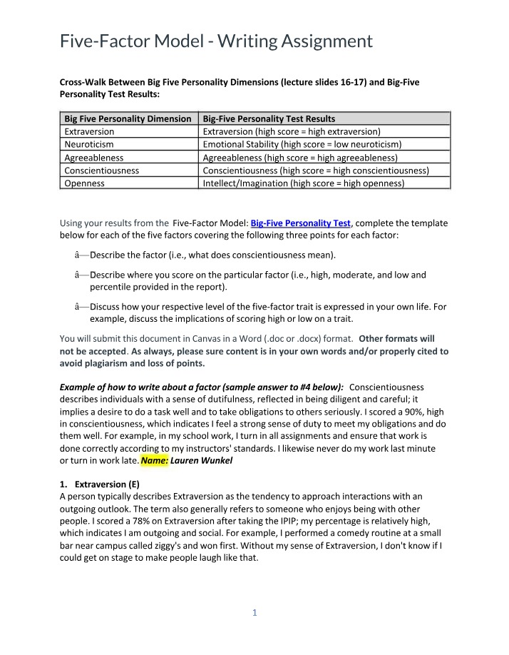 Writing Assignment - The Five-Factor Model