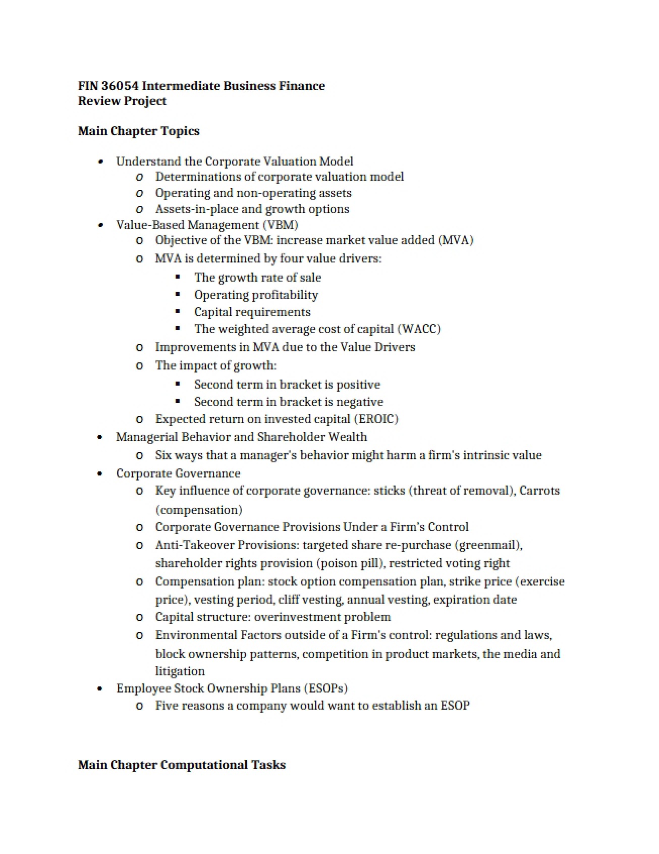 Intermediate Finance Class Notes