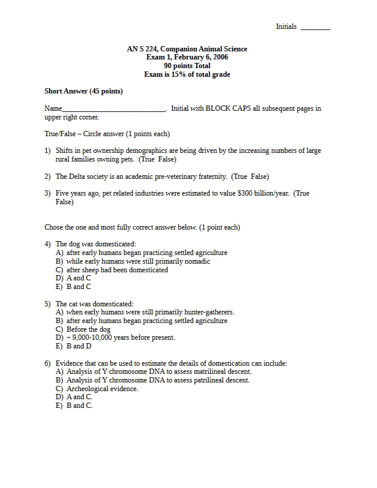 Companion Animal Science First Exam from 2006