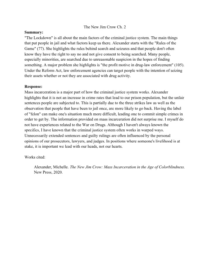 The New Jim Crow - Chapter 2 Summary and Response