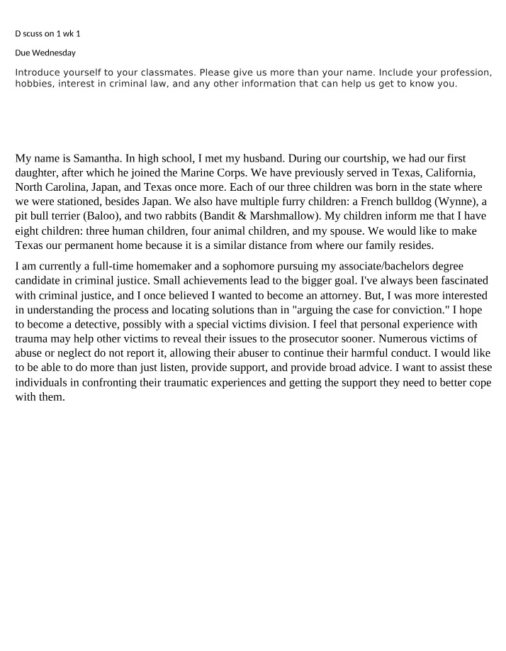 Career Goals and Self-Introduction in Criminal Justice