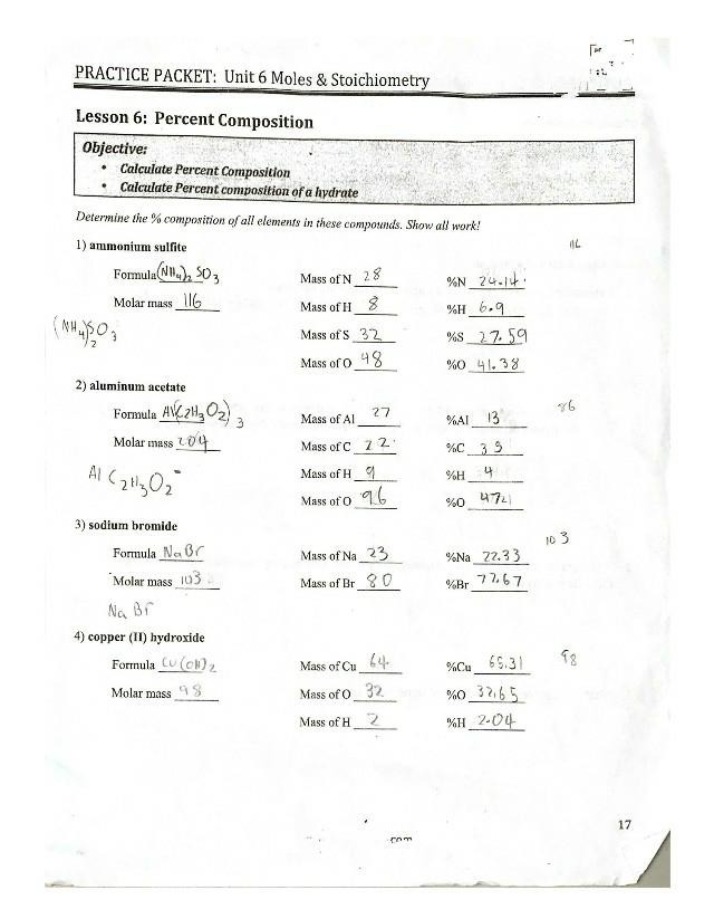 Practice Packet - Percent Composition of Compounds