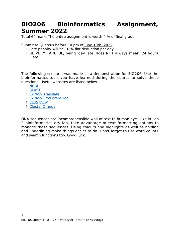 Bioinformatics Assignment - BIO206 Summer 2022