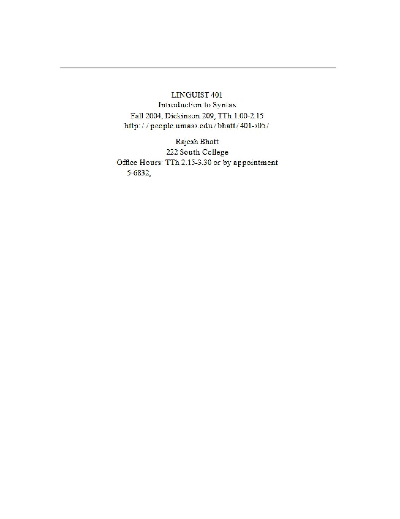 Syllabus for Syntax Introduction