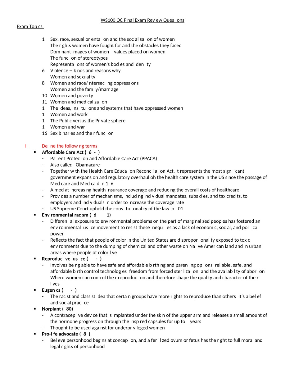 WS100 Final Exam Review Questions