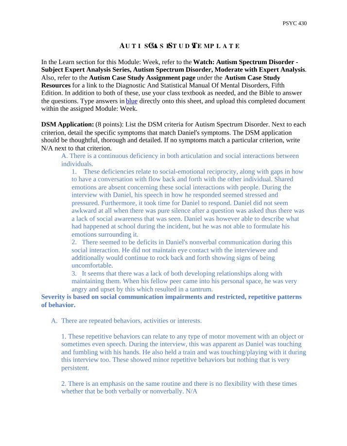 Autism Spectrum Disorder - Assignment on DSM Criteria and Case Study