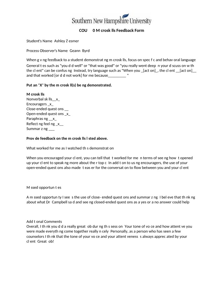 Feedback Form for COU 540 Microskills