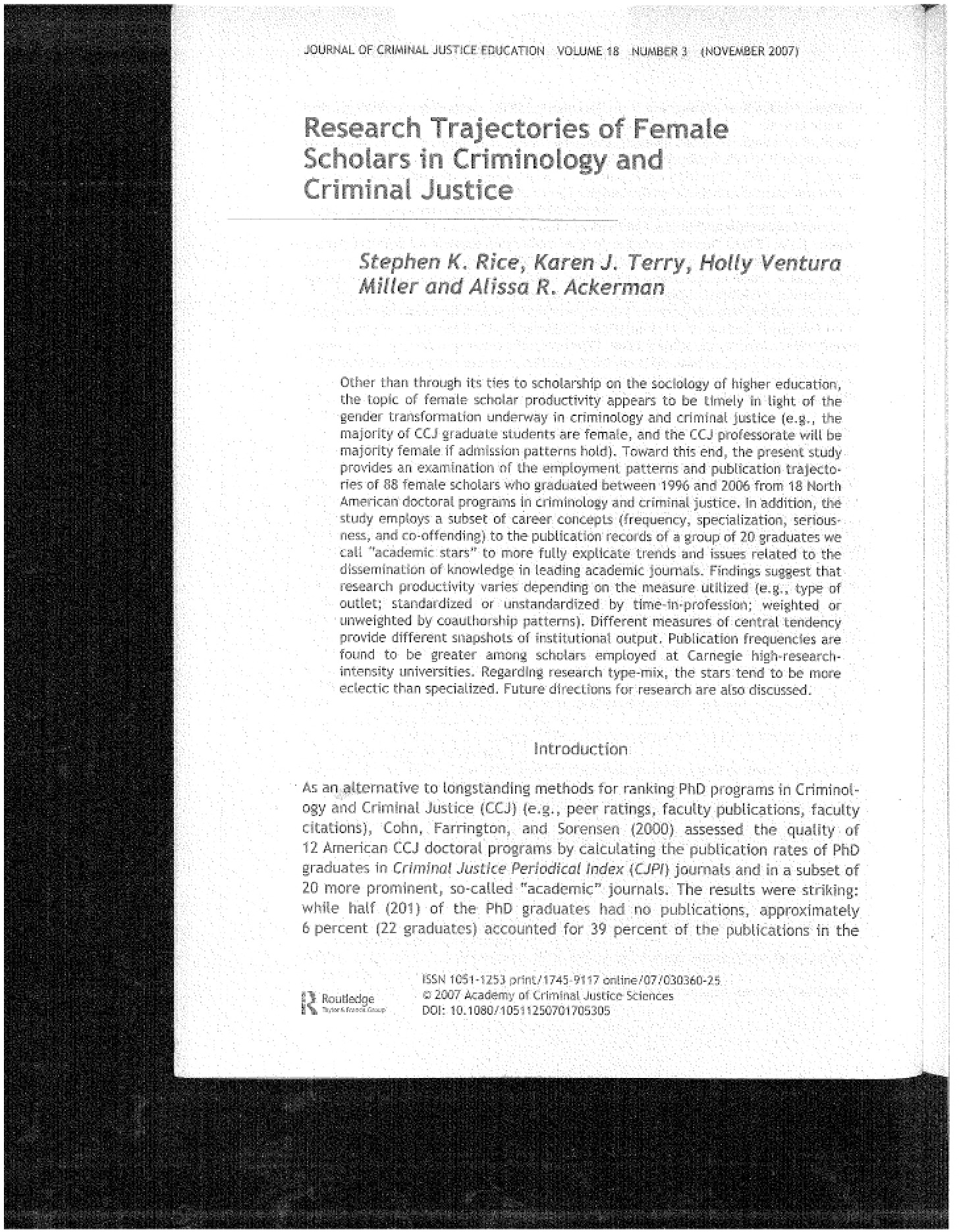 Female Scholars in Criminology Research Trajectories