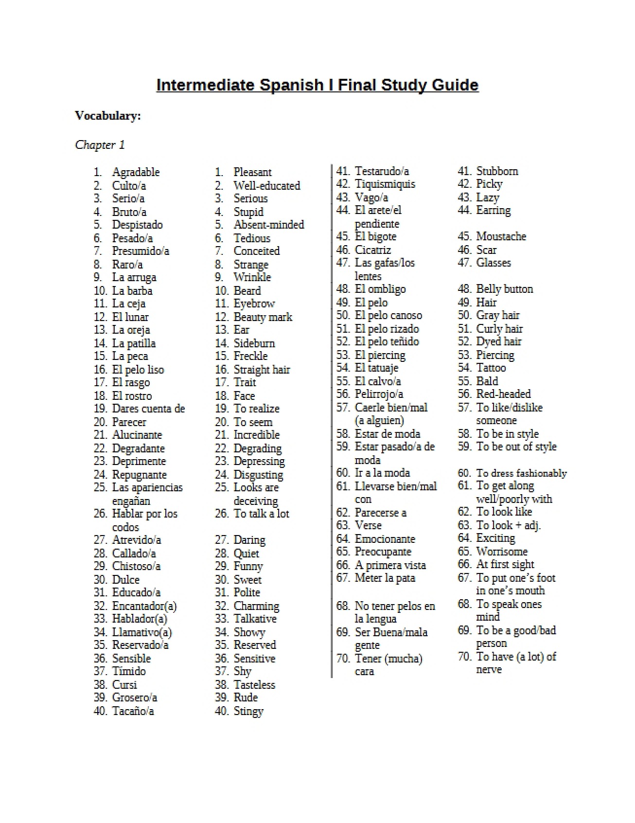 Final Study Guide for Intermediate Spanish I