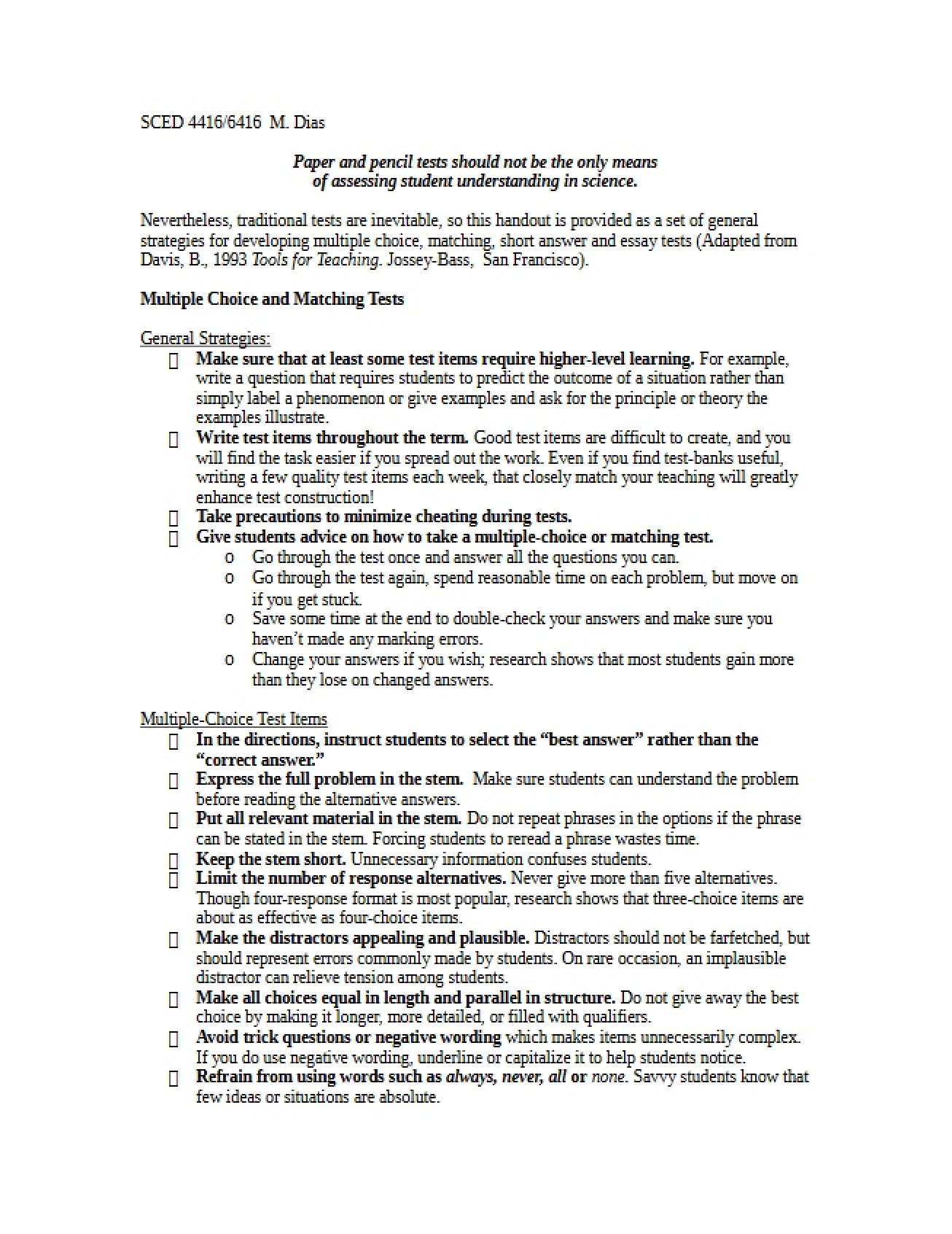 Guidelines for the Science Test