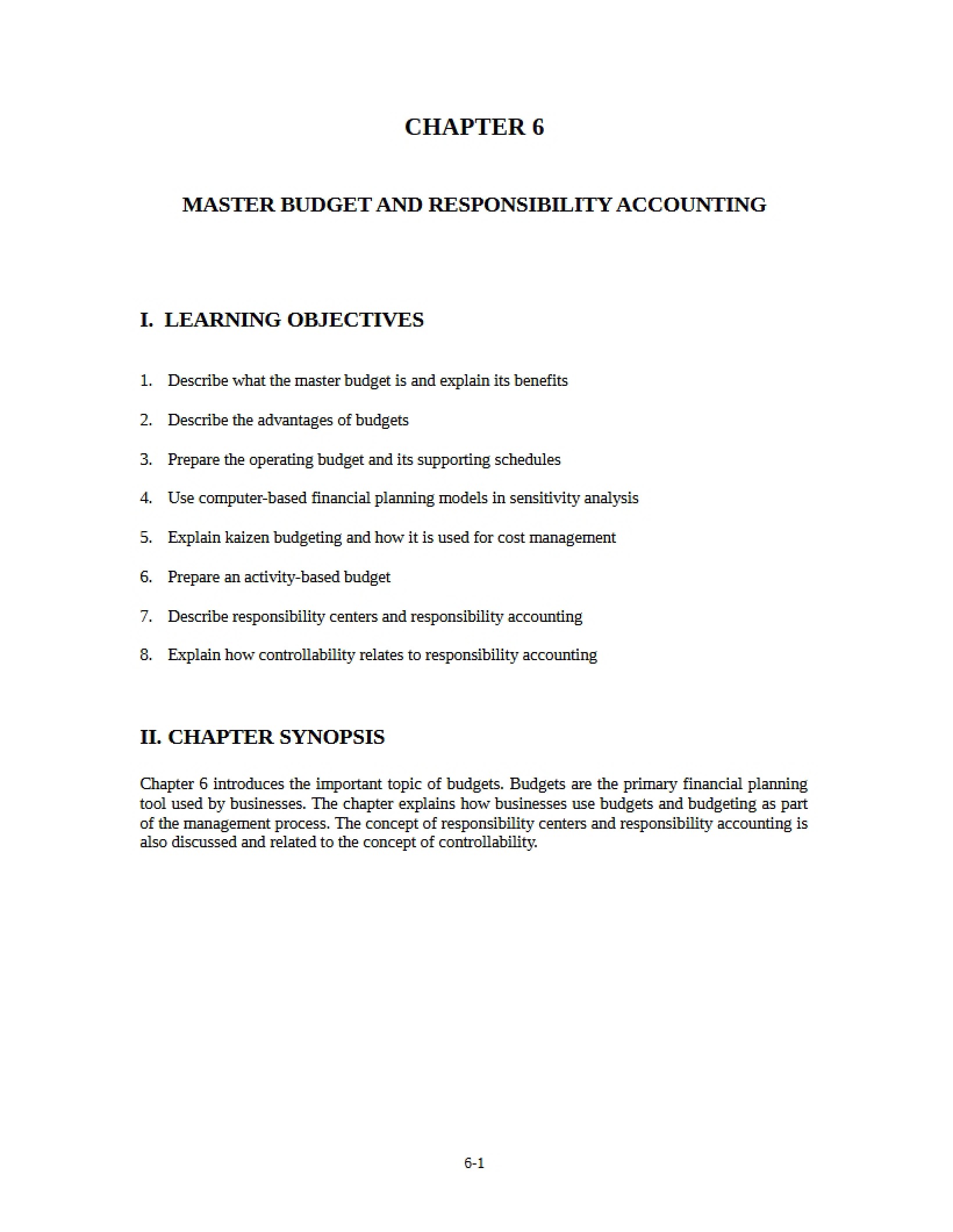Responsibility Accounting and Master Budget - Ch 6