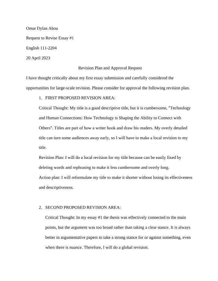Revision Plan for Essay #1 - Improving Connections