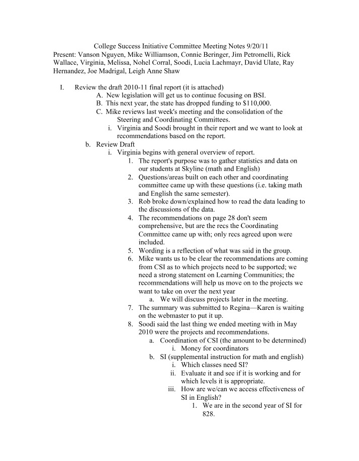 Meeting Notes - College Success Initiative Committee (9-20-11)