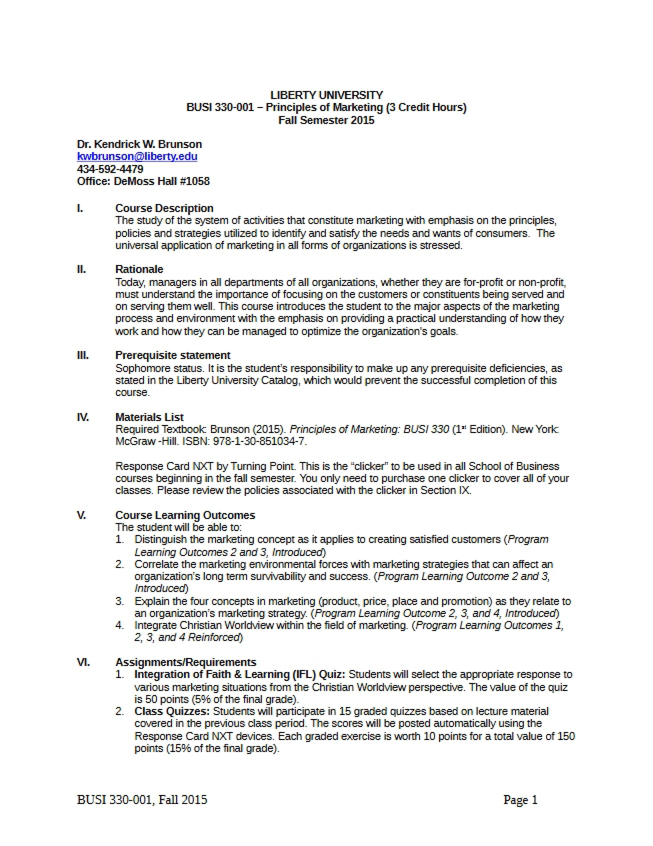 Syllabus for Principles of Marketing