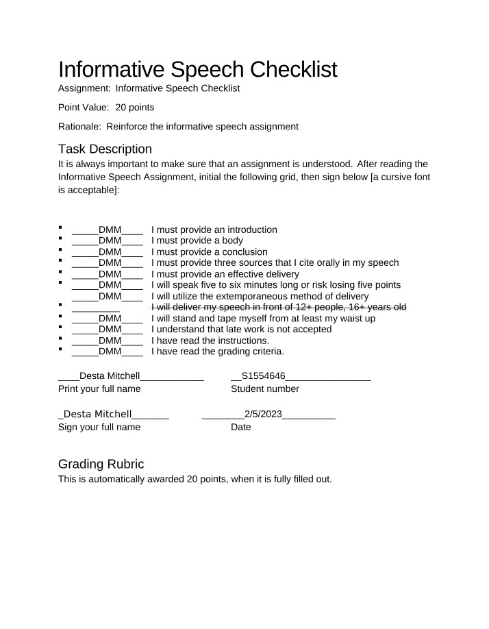 Checklist for Informative Speech