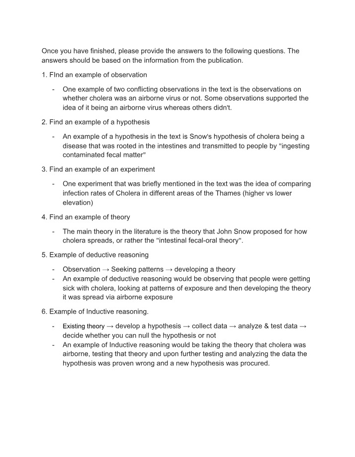 Cholera - Observations, Hypotheses, and Experiments