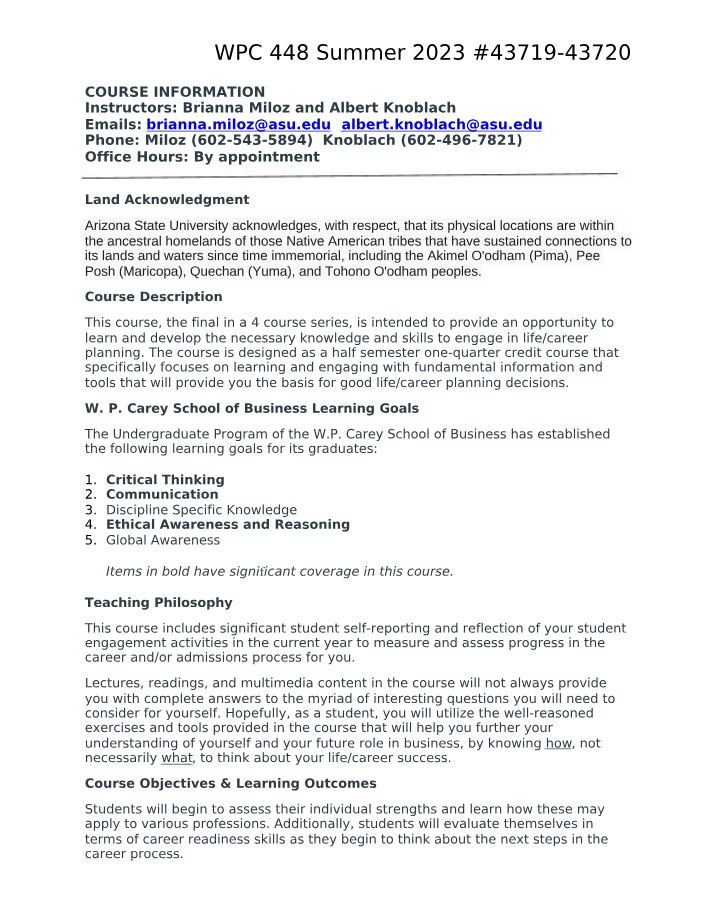 WPC 448 LifeCareer Planning Tools for Summer Course