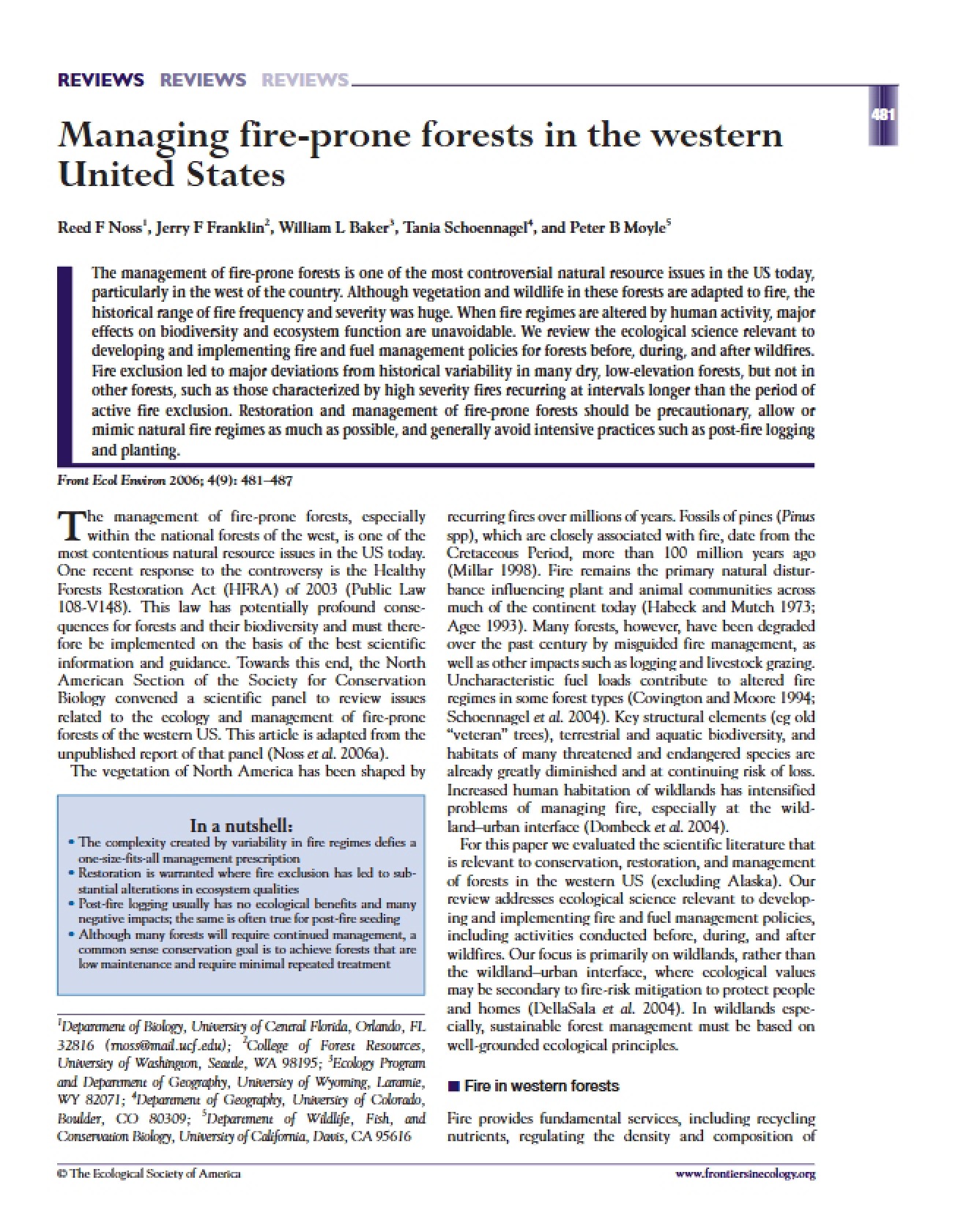 Western US Management of Fire-Prone Forests