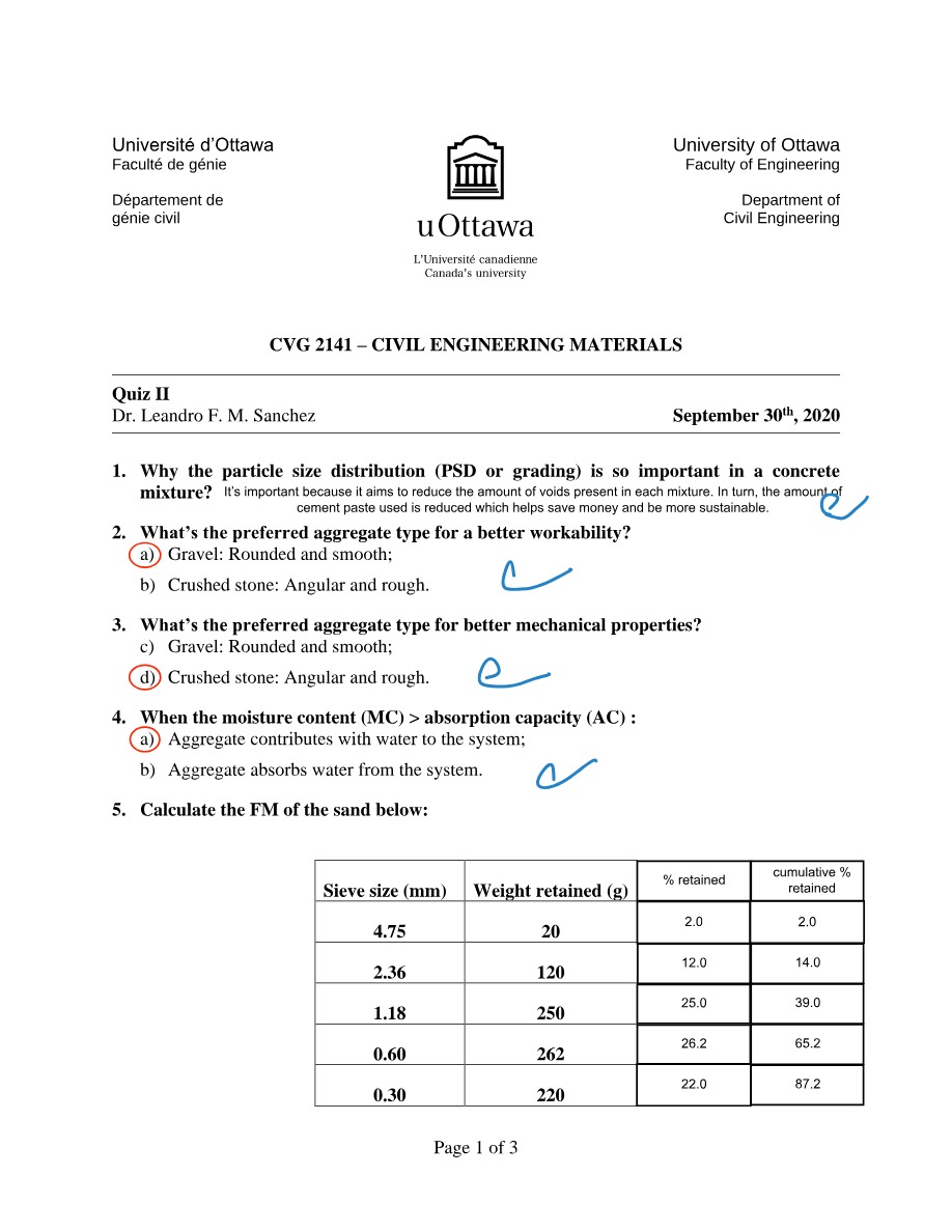 Civil Engineering Materials (CVG 2141) Quiz II