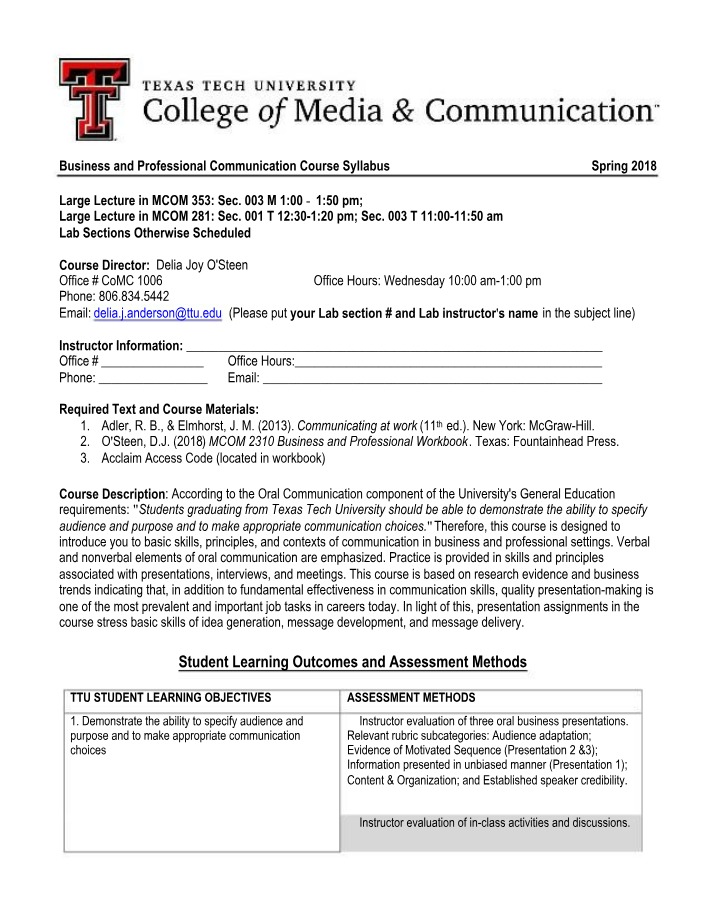 Business and Professional Communication Syllabus