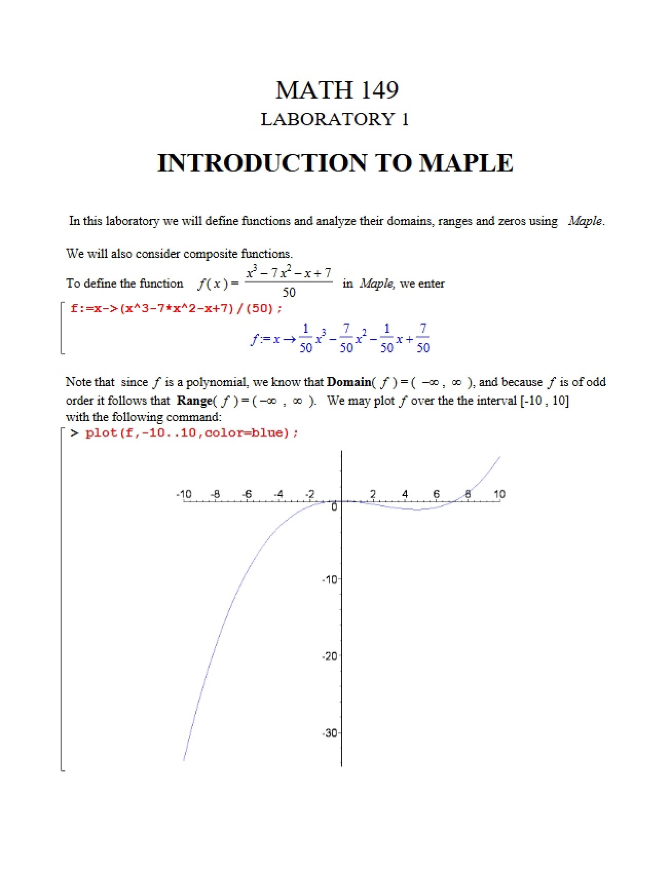 Laboratory One for Math 149